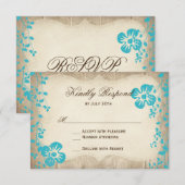 Rustic Wood Aqua Beach Flowers Weddenschap RSVP-ka RSVP Kaartje (Voorkant / Achterkant)