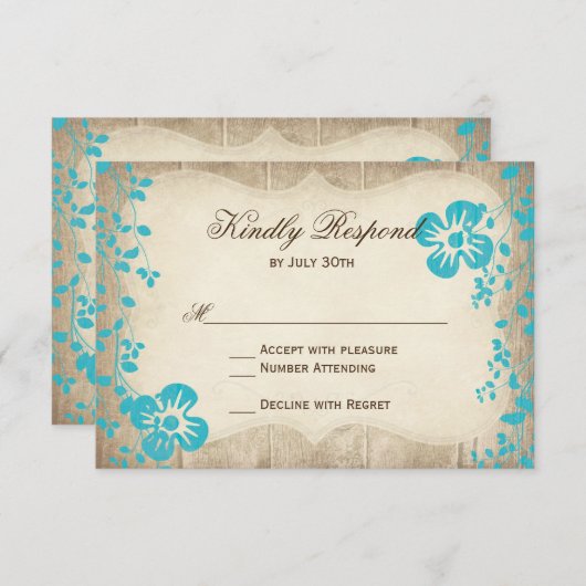 Rustic Wood Aqua Beach Flowers Weddenschap RSVP-ka RSVP Kaartje (Voorkant / Achterkant)