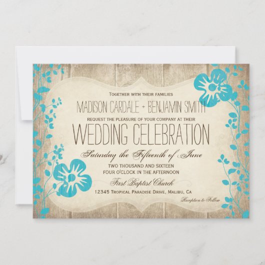 Rustic Wood Aqua Beach Flowers Wedding Invites Kaart (Voorkant)