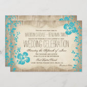 Rustic Wood Aqua Beach Flowers Wedding Invites Kaart (Voorkant / Achterkant)