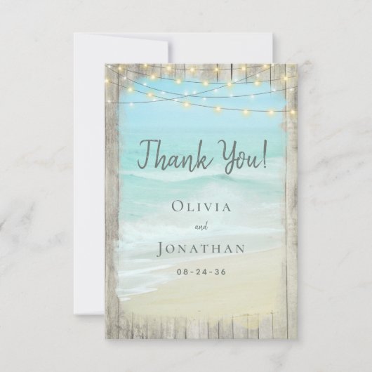 Rustic Wood Aqua Blue Beach String Lights Wedding Bedankkaart (Voorkant)