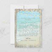 Rustic Wood Aqua Blue Beach String Lights Wedding Bedankkaart (Achterkant)