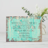 Rustic Wood Aqua Country Wedding Invitations Kaart (Staand voorkant)