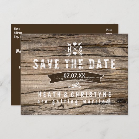 Rustic Wood & Arrows "SAVE THE DATE" Briefkaart (Voorkant / Achterkant)