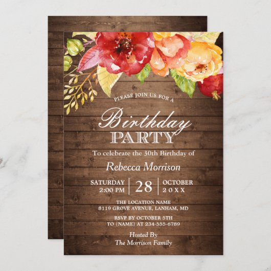 Rustic Wood Autumn Floral Herfst Birthday Party Kaart (Voorkant / Achterkant)