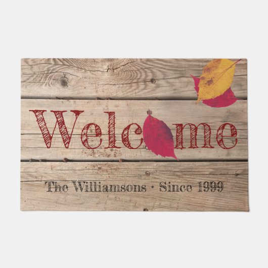 Rustic Wood Autumn laat Aangepaste naam Welkomstwo Deurmat (Voorkant)