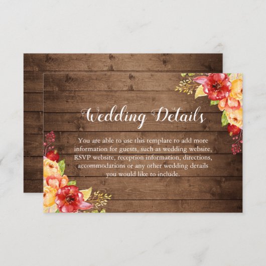 Rustic Wood Autumn laat de details van de bruiloft Informatiekaartje (Voorkant / Achterkant)
