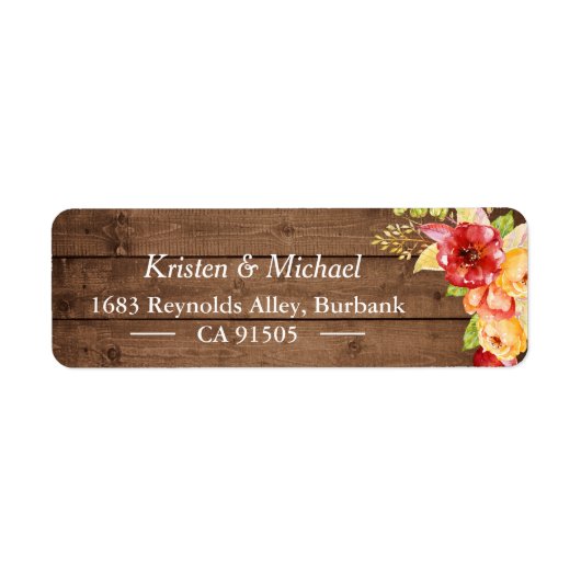 Rustic Wood Autumn Leaves Gold Red Floral Etiket (Voorkant)