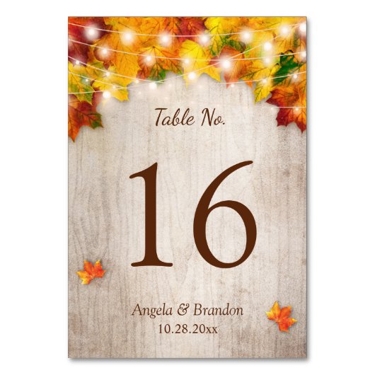 Rustic Wood Autumn Leaves Wedding Table Number Kaart (Voorkant)