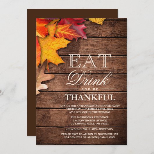 Rustic Wood Autumn Maple Thanksgiving Dinner Party Kaart (Voorkant / Achterkant)