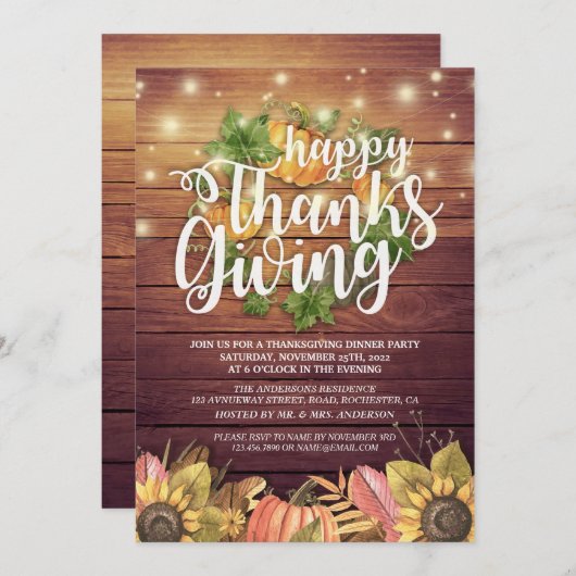 Rustic Wood Autumn Maple Thanksgiving Dinner Party Kaart (Voorkant / Achterkant)