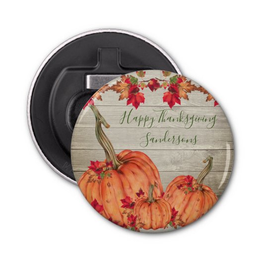 Rustic Wood Autumn Oranje pompoenen Button Flesopener (Voorkant)