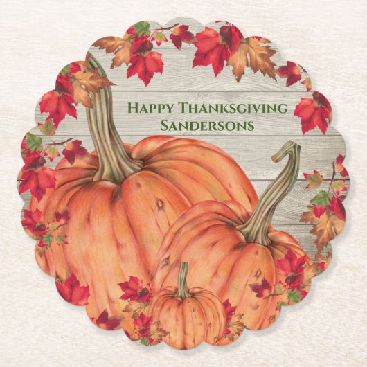 Rustic Wood Autumn Oranje pompoenen Kartonnen Onderzetters (Voorkant)