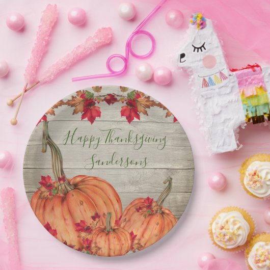 Rustic Wood Autumn Oranje pompoenen kleppen Papieren Bordje (Feest)