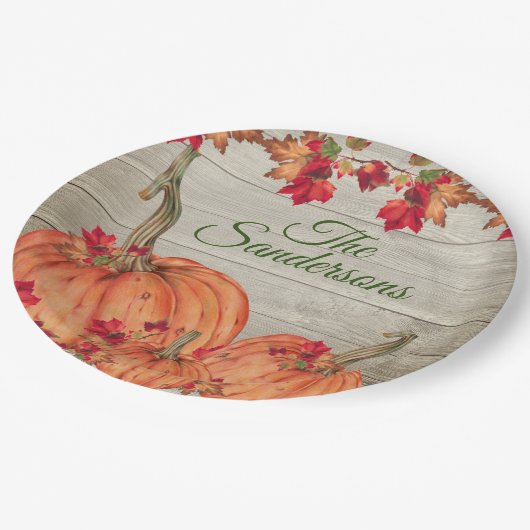 Rustic Wood Autumn Oranje pompoenen Papieren Bordje (Gekanteld)