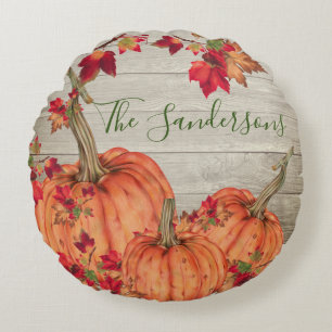 Rustic Wood Autumn Oranje pompoenen Rond Kussen