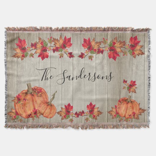 Rustic Wood Autumn Oranje pompoenen vallen voorbij Deken (Voorkant)