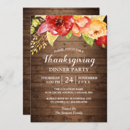 Rustic Wood Autumn Red Floral Thanksgiving Kaart