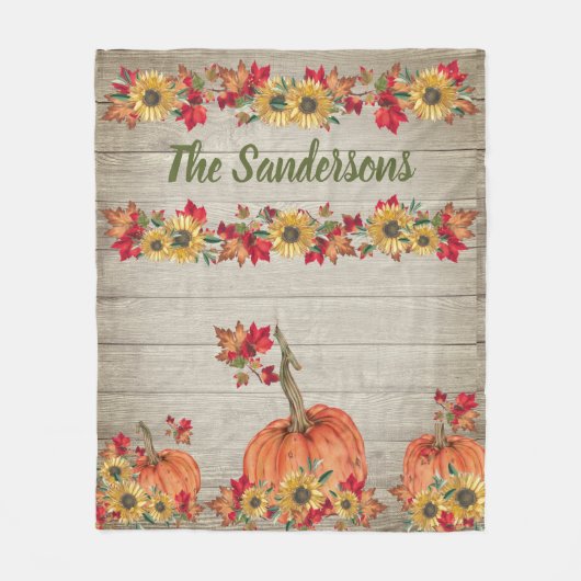 Rustic Wood Autumn Sunflower Pumpkins Fall Leaves Fleece Deken (Voorkant)