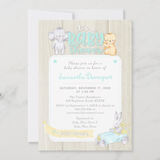 Rustic Wood Baby Animals Douche Uitnodiging | Mint (Voorkant)