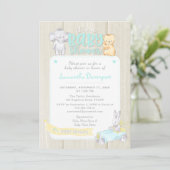 Rustic Wood Baby Animals Douche Uitnodiging | Mint (Staand voorkant)
