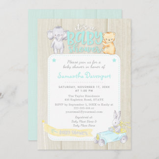 Rustic Wood Baby Animals Douche Uitnodiging | Mint
