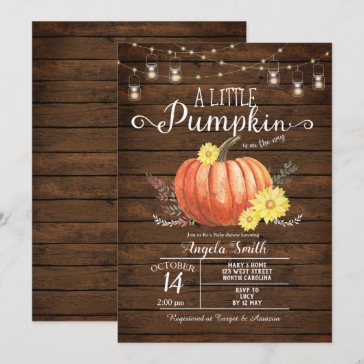 Rustic Wood Baby shower Little Pumpkin Invitation Kaart (Voorkant / Achterkant)