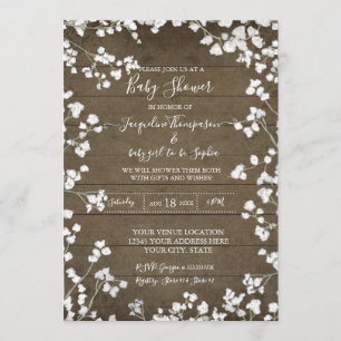 Rustic Wood Babys Breath Floral Baby Girl Shower Kaart