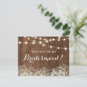 Rustic Wood Baby's Breath String Lights Bridesmaid Kaart (Staand voorkant)