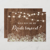 Rustic Wood Baby's Breath String Lights Bridesmaid Kaart (Voorkant / Achterkant)