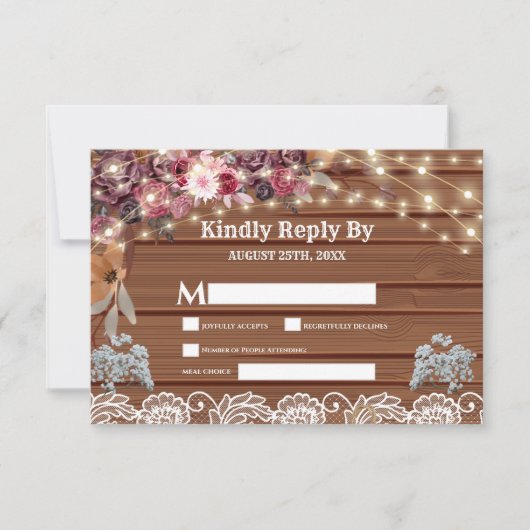 Rustic Wood Baby's Breath String Lights Lace RSVP Kaartje (Voorkant)