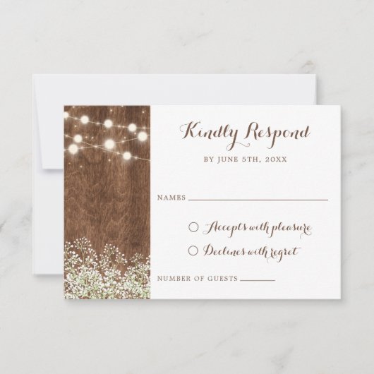 Rustic Wood Baby's Breath String Lights RSVP Kaart (Voorkant)