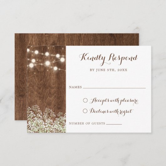 Rustic Wood Baby's Breath String Lights RSVP Kaart (Voorkant / Achterkant)