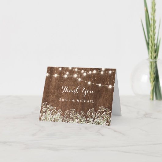 Rustic Wood Baby's Breath String Lights Wedding Bedankkaart (Voorkant)