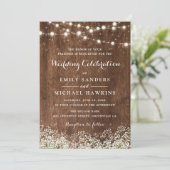 Rustic Wood Baby's Breath String Lights Wedding Kaart (Staand voorkant)