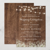 Rustic Wood Baby's Breath String Lights Wedding Kaart (Voorkant / Achterkant)