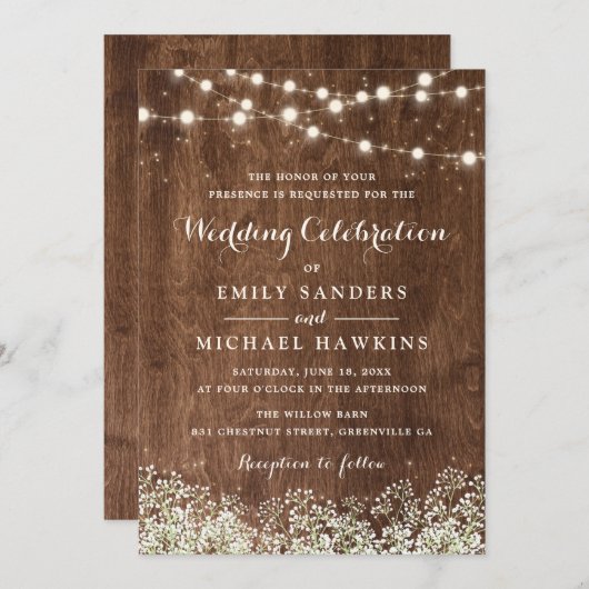 Rustic Wood Baby's Breath String Lights Wedding Kaart (Voorkant / Achterkant)