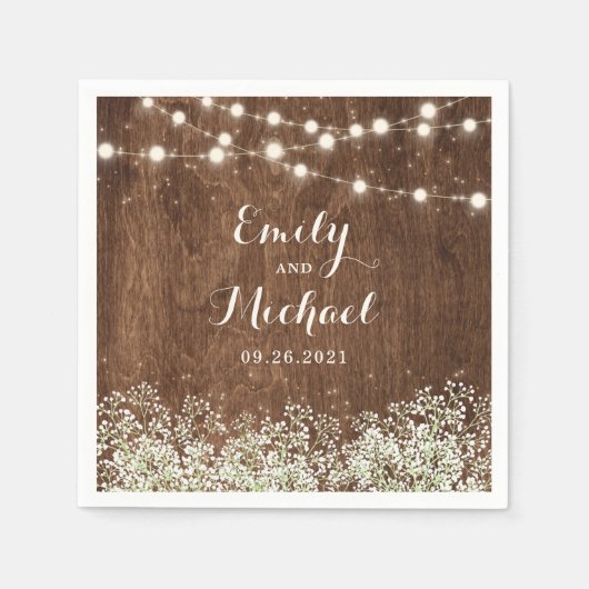 Rustic Wood Baby's Breath String Lights Wedding Servet (Voorkant)