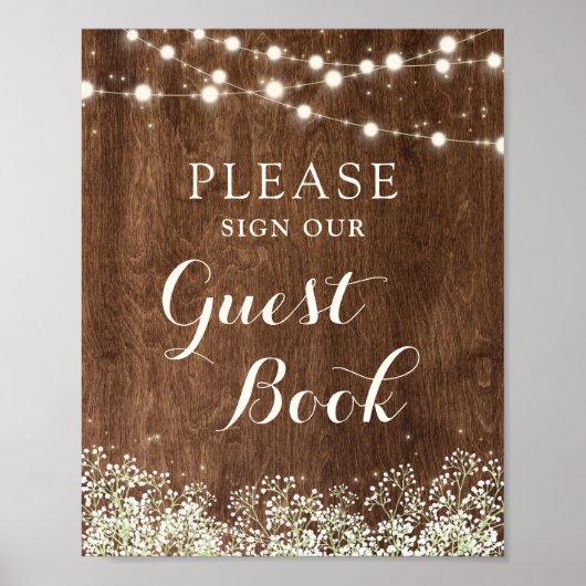 Rustic Wood Baby's Breath Wedding Guest Sign Poster (Voorkant)