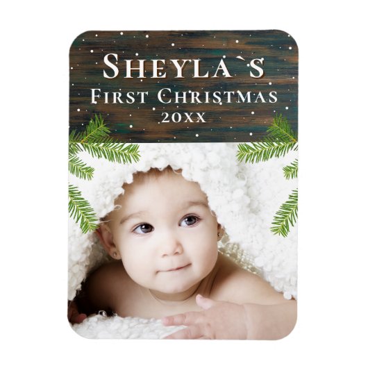 Rustic Wood Baby's eerste kerstfoto Magneet (Verticaal)
