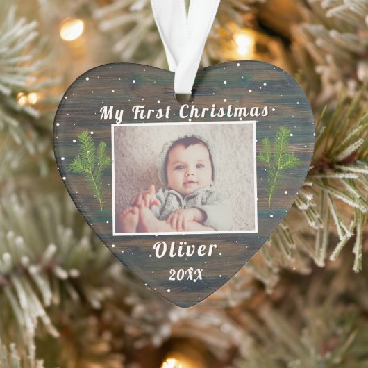 Rustic Wood Baby's eerste kerstfoto Ornament (Boom)