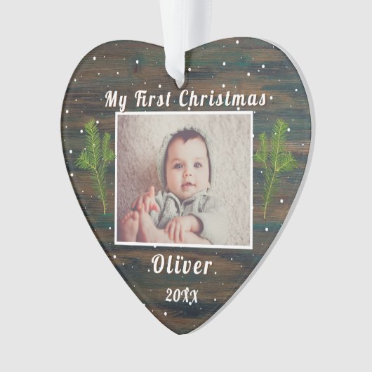Rustic Wood Baby's eerste kerstfoto Ornament (voorkant)