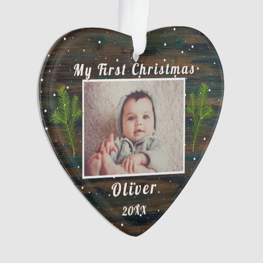 Rustic Wood Baby's eerste kerstfoto Ornament (voorkant)