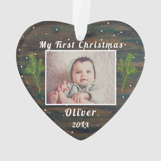Rustic Wood Baby's eerste kerstfoto Ornament (achterkant)