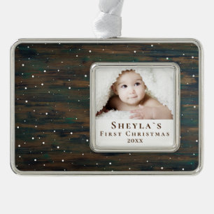 Rustic Wood Baby's eerste kerstfoto Verzilverd Omlijst Ornament