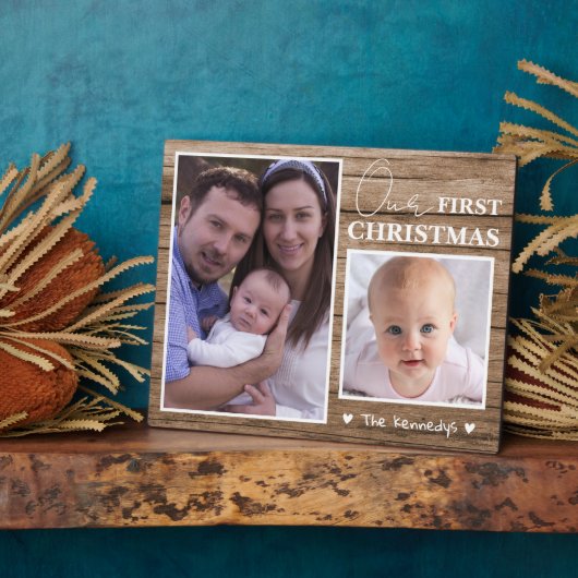 Rustic Wood Baby's Eerste Kerstmis 2 Fotocollage Fotoplaat (Zijkant)