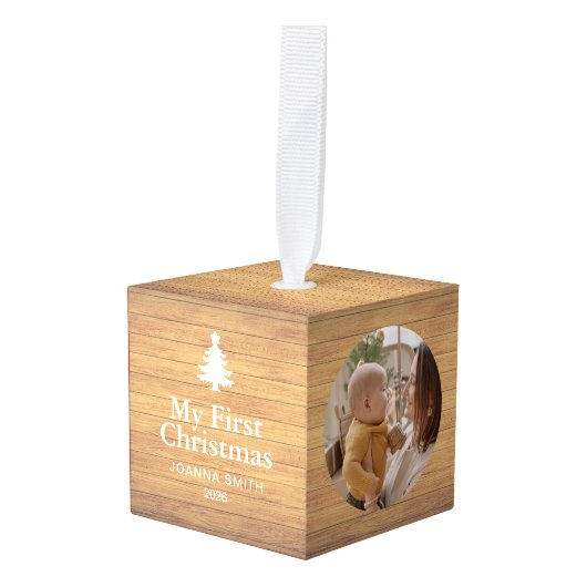 Rustic Wood Baby's First Christmas Name Photo  Decoratie (Voorkant hoekig)