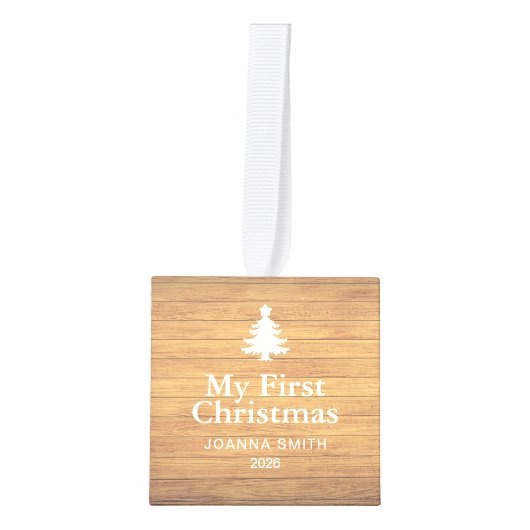 Rustic Wood Baby's First Christmas Name Photo  Decoratie (Voorkant)