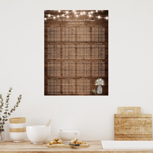 Rustic Wood Baby's Rreath 15 Tables Seating Chart Poster (Keuken)