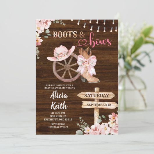 rustic wood background floral boots and bows kaart (Staand voorkant)